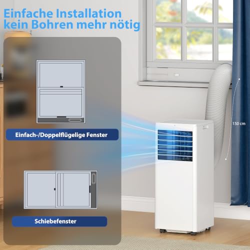 HOMCOM Mobiles Klimagerät mit Abluftschlauch 9000 BTU 1010W, 4-in-1 | Kühlen, Ventilieren, 36L/Tag Entfeuchten, Schlafmodus, 24h-Timer, Fernbedienung, Fensterkit, für Räume bis 30㎡