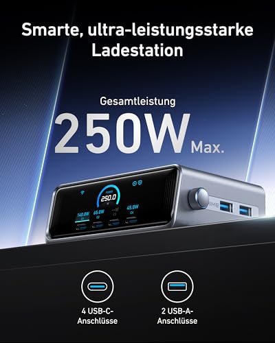 Anker Prime 250W USB C Ladegerät, Ultra-schnelle 6-Port GaN Ladestation | 2,26" LCD-Display, Smart Control Regler, für MacBook Pro/Air, iPhone 18/17/16/15, Pixel, Galaxy, Apple Watch und mehr