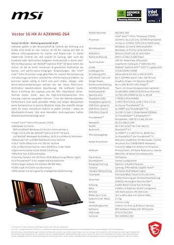 MSI Vector 16 HX AI Gaming-Laptop, 16" QHD+ 240 Hz Display, Intel® Core™ Ultra 7 255HX, NVIDIA GeForce RTX 5070 Ti, 16 GB RAM, 1 TB SSD, Windows 11 Home, QWERTZ Tastatur, Cosmos Grau, A2XWHG-264
