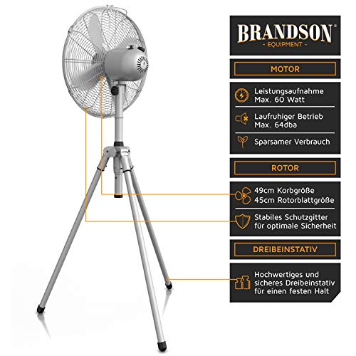 Brandson Standventilator mit Dreibeinstativ, 60 W, Rotor 45 cm, Silber | Tripod aus Metall, 3 Stufen, Oszillation 80°, Höhe 122 bis 136 cm, für Fotoshooting, Filmset, Bühne, Büro