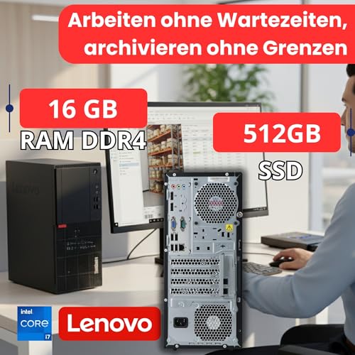 Lenovo - Schneller PC mit Intel Core i7 6700 - Desktop Computer + Silent Rechner für Büro & Home Office mit 4 GHZ - 16 GB - 512GB SSD - USB3.0 - WLAN - inkl Windows 11 Pro und Office 2016