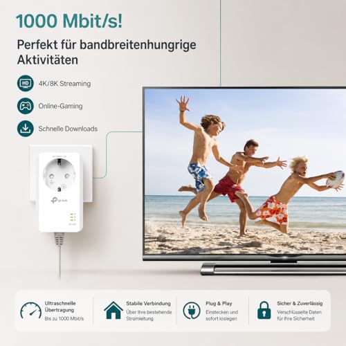 TP-Link Powerline Adapter Set TL-PA7017P KIT(1000Mbit/s, mit Steckdose, Gigabit-Port, Plug&Play, Kompatibel mit Allen HomePlug AV/AV2 Powerline Adaptern, Ideal für Media-Streaming)