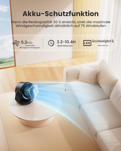 Gaiatop Tischventilator, Leiser Akku Ventilator mit 6 Stufen & LED Display