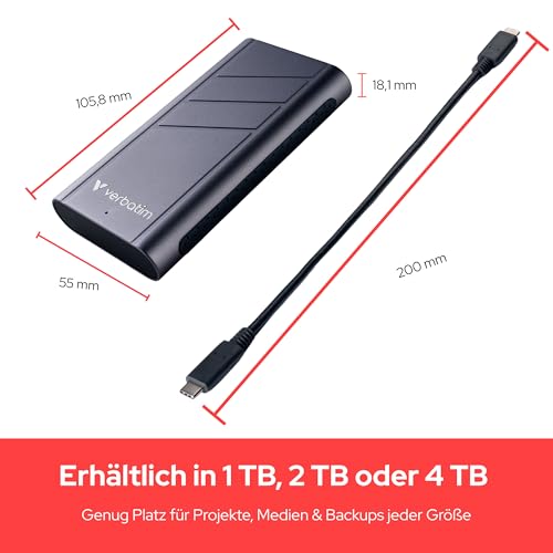 Verbatim TurboMetal Portable SSD 1TB USB4 40Gbps Externe SSD 3700MB/s | Mit USB4, bis 3700MB/s Lesen und 3600MB/s Schreiben für professionelle Datenübertragung und Backups