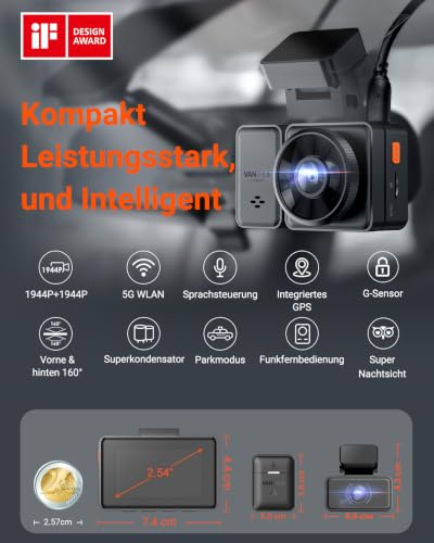 VANTRUE E2 2.7K+2.7K Dashcam vorne hinten, WDR Nachtsicht mit Fernbedienung | Dash cam Dual 1944P Front und Hinten, 5GHz WiFi 9MB/S GPS, 24/7 Parküberwachung, G Sensor, Sprachbefehle, 2.45’’