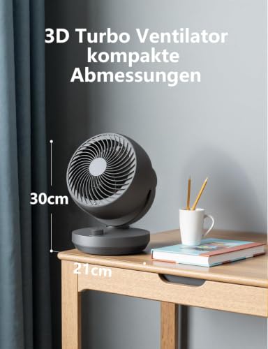 Ventilator Leise, 22dB Tischventilator mit Luftzirkulation, Leistungsstarken 3D Turbo Air Circulator, 3 Stufen & 100°/90° Verstellbarer Neigung, für Schlafzimmer, Büro und Wohnzimmer bis 21m², Schwarz