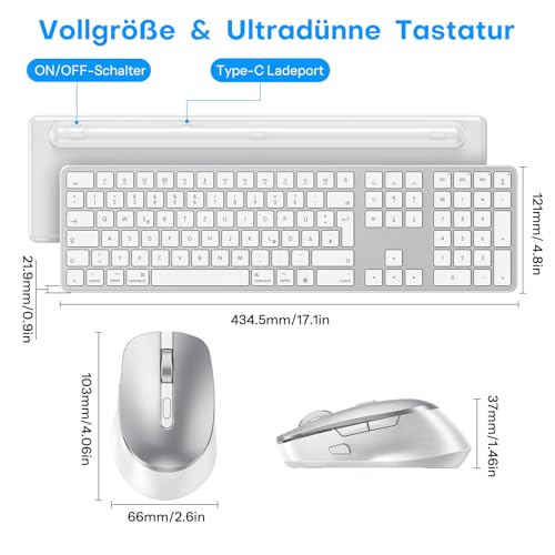OMOTON Mac Tastatur Maus Set Kabellose, Wiederaufladbar, DE Layout | Bluetooth Funktastatur maus für MacBook Air/ Pro/iMac/iMac Pro/Mac mini, Ergonomisch, Multi-Gerät, Leises Tippen