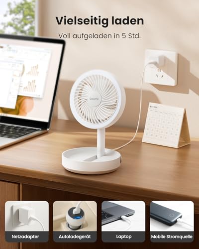 Gaiatop Faltbare Tischventilator mit Nachtlicht, 6000mAh Akku Ventilator