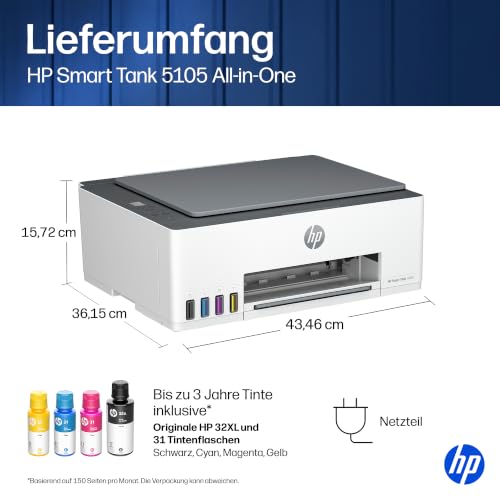 HP Smart Tank 5105 3-in-1 Multifunktionsdrucker (WLAN; Mobiles Drucken) – 3 Jahre Tinte inklusive, 3 Jahre Garantie, großer Tintentank, hohe Reichweite, Drucken in hoher Qualität
