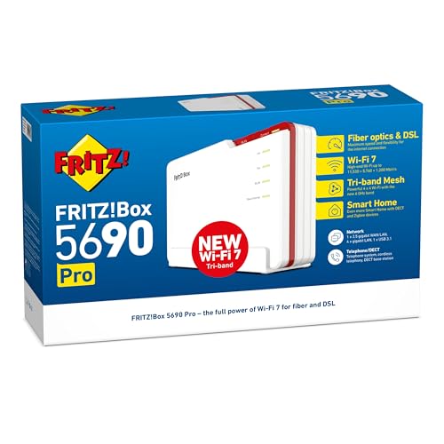 FRITZ!Box 5690 Pro (Wi-Fi 7 Premium DSL- und Glasfaser-Router mit Triband (2,4 GHz, 5 GHz, 6 GHz) bis zu 18,5 GBit/s, für Glasfaser & DSL-Anschlüsse, WLAN Mesh, DECT-Basis, internationale Version)