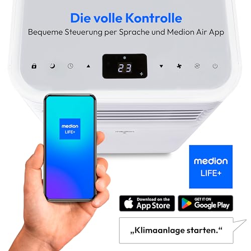 MEDION Smarte Mobile Klimaanlage mit Abluftschlauch P901 (9000 BTU, mobil, inkl. Fensterabdichtung, bis 32m², 3in1,Kühlen Entfeuchten Ventilieren, App- und Sprachsteuerung, Schlafmodus, MD 37732)