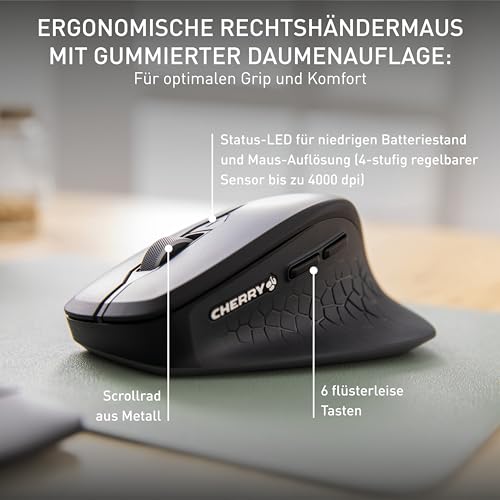 CHERRY Stream Desktop Comfort, Tastatur und Maus, Deutsch QWERTZ, Schwarz | Kabellose Verbindung über 2,4 GHz Funk mit USB-Dongle, Leise Tasten, Ergonomische Mouse für Rechtshänder, Batteriebetrieben