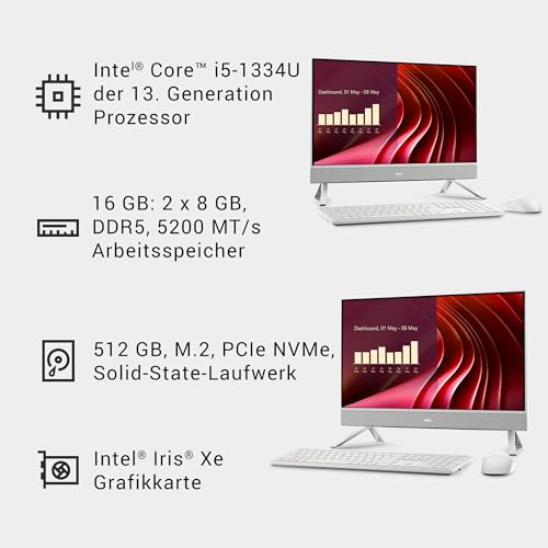 Dell 24 All-in-One Desktop EC24250 23,8" FHD IPS Display, Intel Core i5-1334U, Intel Iris Xe Grafik, 16GB DDR5 RAM, 512GB SSD, Windows 11 Home, Kabellose Pro Tastatur QWERTZ & Maus, Silber