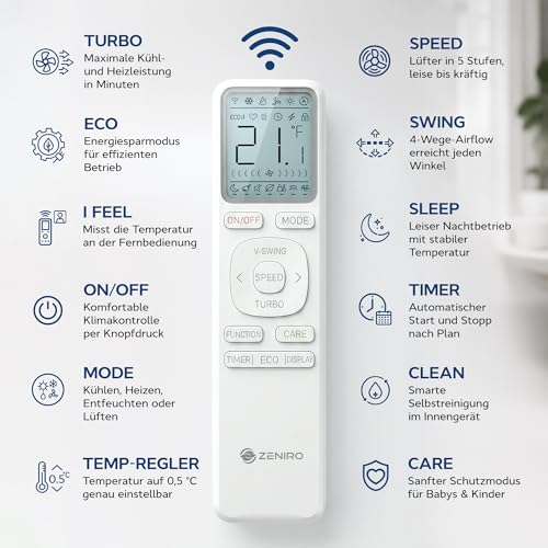ZENIRO Klimaanlage Split Set - Reine Luft mit Ionisator - WiFi/App-Funktion Klimagerät Kühlen A++/Heizen A+ 3,2kW 12000 BTU Sehr Leise - Fernbedienung, Timerfunktion - Montagematerial