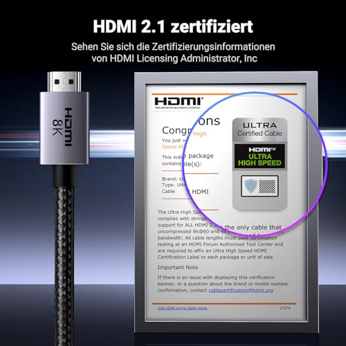UGREEN HDMI 2.1 Kabel, 8K@60Hz, 4K@240Hz, HDMI zertifiziert, 48Gbps, 2M | Aluminiumgehäuse, Nylongeflecht, HDR, eARC, VRR, ALLM, Dolby Atmos, kompatibel mit PS5, TV, PC, Laptop, Monitor, Projektor