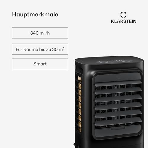 Klarstein Verdunstungskühler, 10L Wassertank, 340 m³/h, App & Fernbedienung, Timer, Nachtmodus, mobiler Luftkühler mit Wasserkühlung für Räume bis 30 m², Schwarz