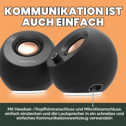 CREATIVE Pebble Pro (Schwarz) USB-C PC-Lautsprecher mit Bluetooth 5.3 und anpassbarer RGB-Beleuchtung, USB-Audio und Headset-/Mikrofonanschluss