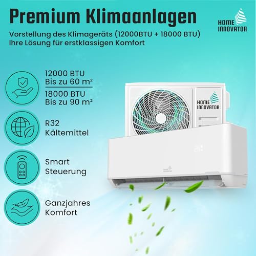 Homeinnovator 12000 BTU Split Klimaanlage und Heizung - Energieeffiziente 230V Mit Komplettem Installationssatz - Wandmontierte Inverter-Klimaanlage