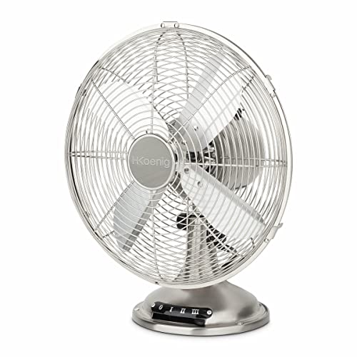 H.Koenig Elektrischer Tischventilator JOE48 Geräuschlos Metalldesign, 3 Geschwindigkeiten, Fest oder 90° Oszillation, Vertikal verstellbar, Rutschfester Fuß