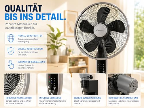 Könighaus 3-in-1 Ventilator – Stand-, Tisch- & Wandmontage | WLAN Smart Home (Alexa, Tuya) | Fernbedienung | Oszillierender Standventilator | Timer | Natürlicher Luftstrom | Starke Kühlung bis 20 m