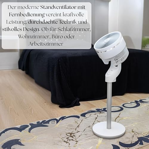 Zilan Standventilator leise mit Fernbedienung kraftvoller Ventilator mit Timer 60W energiesparend 3 Stufen hoher Luftdurchsatz oszillierend Bodenventilator Aircooler Standlüfter (Weiß mit FB)