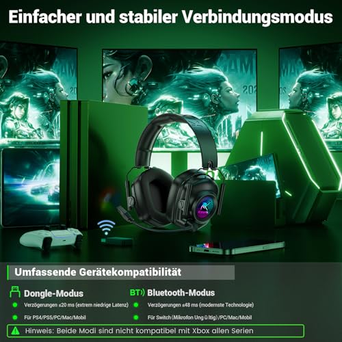 Krysenix Wireless Gaming Headset mit Mikrofon für PS5 PC Mac Switch | 2.4GHz + Bluetooth Modus, Noise Cancelling ,LED-Lichtern, faltbar,1000mAh Akku,Ideal für FPS, RPG - Tintenschwarz