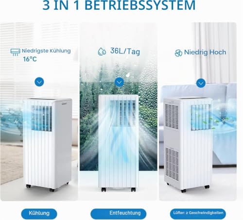 Tragbare Klimaanlage 7000 BTU Mit Fernbedienung, 3-in-1 Kühler Lüfter Entfeuchter, Kompakte Mobile Klimageräte Für Schlafzimmer Wohnung Büro, Inklusive Fensterkit, 280m³/h Luftstrom, 36L/Tag Entfeucht