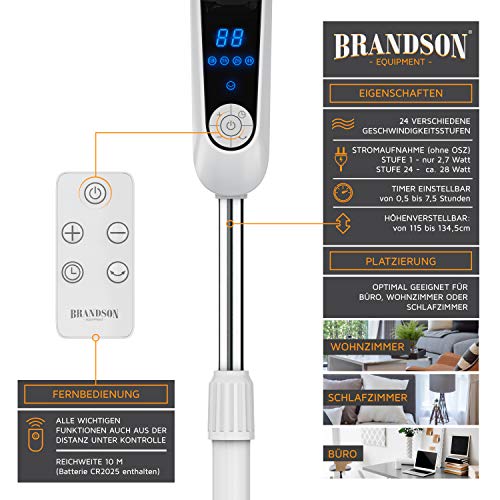 Brandson Standventilator leise, DC-Motor, Fernbedienung, 24 Stufen, Weiß | Ventilator oszillierend 80°, höhenverstellbar, Kopf 35° neigbar, Timer bis 7,5 h, 2934 m³/h, LCD-Display, für Schlafzimmer