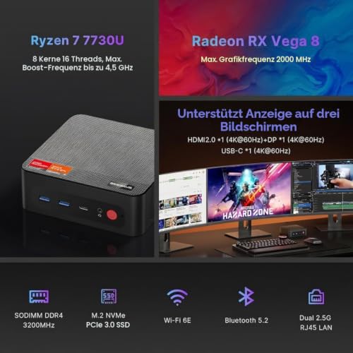 BOSGAME P4 Ultra Windows 11 Pro Business Mini-PC AMD Ryzen 7 7730U, 8 Kerne, 16 Threads, bis zu 4,5 GHz, 16 GB DDR4 RAM, 1 TB SSD, 4K@60Hz Triple Display, HDMI, Type-C, USB3.2, LAN, Wi-Fi 6E, BT5.2