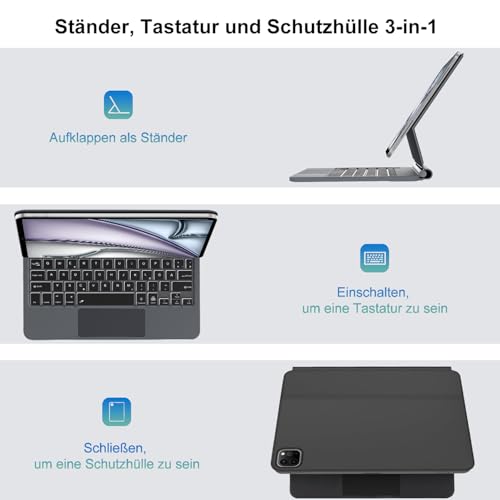 SENGBIRCH Magic Tastatur mit hülle für iPad Air 11" (M4 2026/M3 2025/M2 2024) - Deutsches QWERTZ Layout Hintergrundbeleuchtung Multi-Trackpad Keyboard für iPad Pro 11 Zoll 4./3./2./1, Schwarz