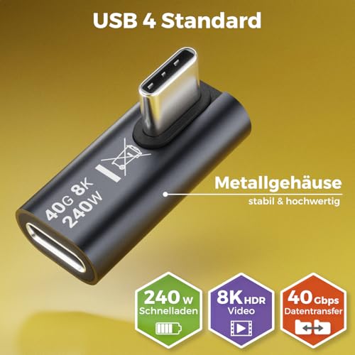 deleyCON USB-C Winkeladapter 90 Grad, 40Gbps, 240W, USB 4.0, Typ C, 2 Stück | 8K60Hz, Aluminium Gehäuse, Typ C Stecker auf Buchse, für Smartphone, Tablet, Laptop, Notebook, MacBook, PS5 usw.