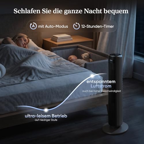 Levoit 20dB leiser oszillierender Kühl Turmventilator mit Schlafmodus | 4 Modi, 5 Stufen, 90° Oszillation, Timer und Fernbedienung, besonders leise Ventilator für Schlafen und Wohnen