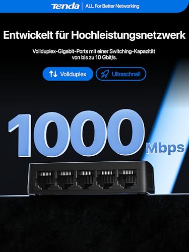 Tenda SG105 LAN Switch 5 Port Gigabit Switch Mini Netzwerk Switch, LAN Hub | Plug-and-Play LAN Verteiler, Unmanaged Ethernet Switch, Lüfterlos, Schwarz