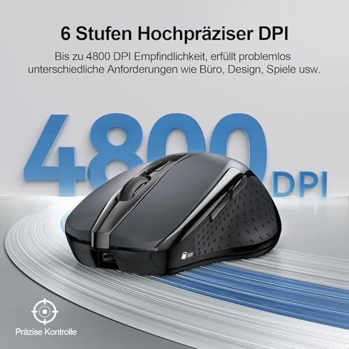TECKNET Bluetooth Maus, Wiederaufladbare Maus Kabellos(BT 5.0/3.0 + 2.4G) | DREI Modi, 4800 DPI, Ergonomische Leise Funkmaus für Laptops, Mac OS, Android, Windows, Grau
