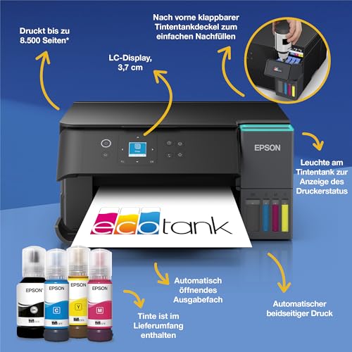 Epson EcoTank ET-2955 Tintentankdrucker | für vielbeschäftigte Haushalte | WLAN | A4 | Drucken, Kopieren, Scannen | 3.7 cm LCD-Display | Duplexdruck | inkl. Tinte für bis zu 3 Jahre