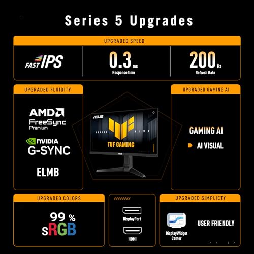ASUS TUF Gaming VG259QL5A 25 Zoll Full HD Fast-IPS 200Hz Monitor | 1920 x 1080, ELMB Sync, 0,3ms Reaktionszeit, Lautsrecher, HDMI, DisplayPort
