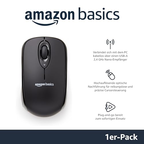 Amazon Basics Funkmaus für Laptop und PC, Kabellos, Schwarz, USB-Nano-Empfänger