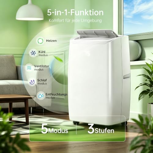 PHILODECO Mobile Klimaanlage mit Heizfunktion 12000 BTU mit Fernbedienung, 5-in-1 Klimagerät Heizen & Kühlen, 24h Timer, R290, für Räume, Weiß