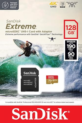 SANDISK 128GB Extreme microSDCX Karte + Adapter, bis zu 190MB/s Lesen | UHS-I, V30, 4K & Full HD, U3, C10, A2, bis zu 90MB/s Schreiben, Ideal für Dash Cams und Drohnen