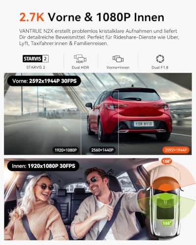 VANTRUE N2X 2.7K+1080P Dashcam Auto Vorne Innen, STARVIS 2 Dual Nachtsicht | 2.5K/60FPS Front Dash Cam, Dual HDR, 5GHz WiFi GPS, 24h Parküberwachung G-Sensor, Sprachsteuerung, DSGVO konform, max. 1TB