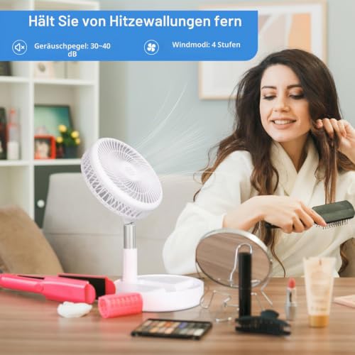 Tragbarer Faltbarer Standventilator Tischventilator, 8" Mini USB 7200mAh Akku Ventilator Leise, 9-100cm Höhenverstellbarer Ventilator 4 Geschwindigkeiten für Outdoor Camping Reise Schlafzimmer Büro