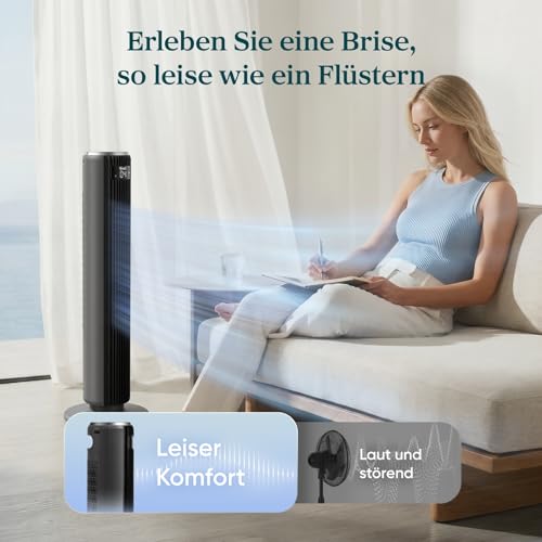 Levoit 20dB leiser oszillierender Kühl Turmventilator mit Schlafmodus | 4 Modi, 5 Stufen, 90° Oszillation, Timer und Fernbedienung, besonders leise Ventilator für Schlafen und Wohnen