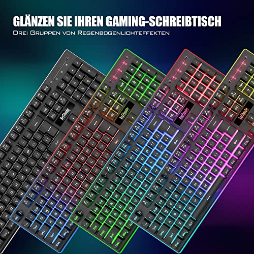 RedThunder K10 Kabelloses Gaming Tastatur und Maus Set, QWERTZ DE Layout, 3000mA Batteriekapazität und 3200 DPI für Gamer (Schwarz)