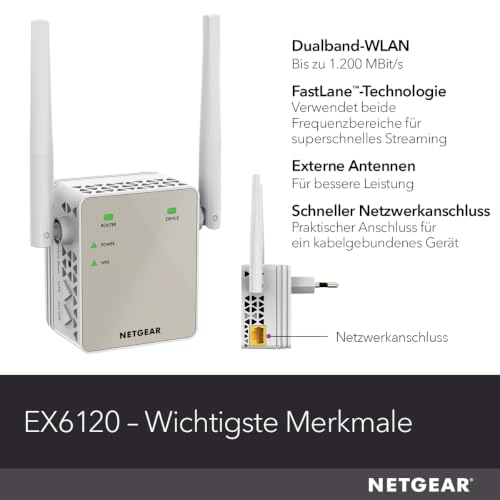 NETGEAR WLAN Repeater EX6120 WLAN Verstärker, AC1200 Dual Band WiFi, Abdeckung 2 bis 3 Räume & 20 Geräte, Geschwindigkeit bis zu 1200 MBit/s, kompaktes Design
