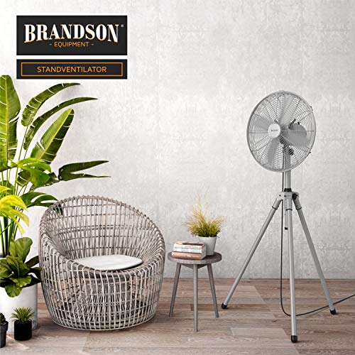 Brandson Standventilator mit Dreibeinstativ, 60 W, Rotor 45 cm, Silber | Tripod aus Metall, 3 Stufen, Oszillation 80°, Höhe 122 bis 136 cm, für Fotoshooting, Filmset, Bühne, Büro