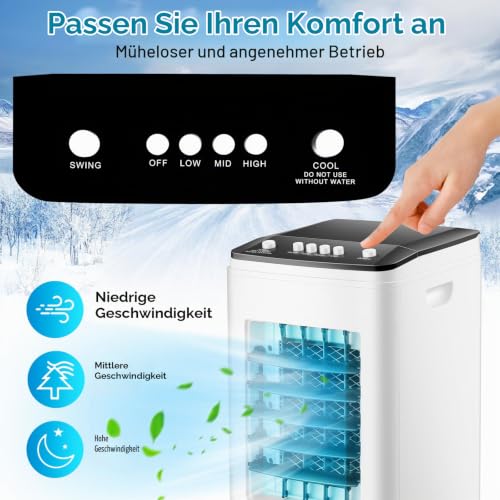 Mobile Klimaanlage ohne Abluftschlauch, 4-in-1 Luftkühler mit 6L Wassertank & 3 Kühlakkus, leiser Ventilator mit 35dB, energiesparendes Klimagerät für Zuhause, Büro, Schlafzimmer & Haustiere