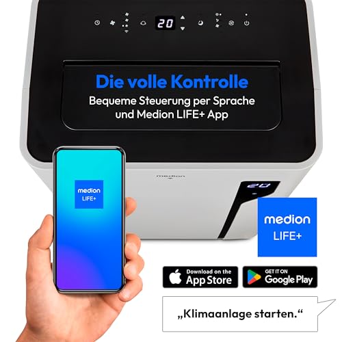 MEDION Smarte Mobile Klimaanlage mit Abluftschlauch P1200 (12000 BTU, mobil, inkl. Fensterabdichtung, bis 36m², 3in1 Kühlen Entfeuchten Ventilieren, App- und Sprachsteuerung, Schlafmodus, MD 37734)