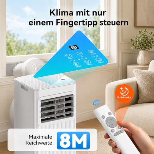 Mobile Klimaanlage mit Abluftschlauch 7000 BTU, 4-in-1 Mobiles Klimagerät (Kühlen, Entfeuchten, Ventilieren, Schlafmodus), Klimaanlage für Schlafzimmer & Wohnung, inkl. Fensterabdichtung, Weiß
