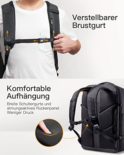 Inateck 38.5-46.2L Reiserucksack Erweiterbarer Handgepäck Rucksack,Schwarz | Spritzwassergeschütztes Carry on Kabinenrucksack Flugzeug Backpack, Herren Damen für 15.6 Zoll Laptop, Weekender,Business