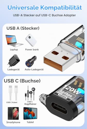USB auf USB C Adapter (2 Pack), USB auf Typ-C Adapter, USB 3.2 Gen2 10Gbps | High-Speed Kabelkonverter, Kompatibel mit MacBook iPhone 17/16/15 iPad Samsung Galaxy S25 S24 S23 A56 A16 A36, Schwarz